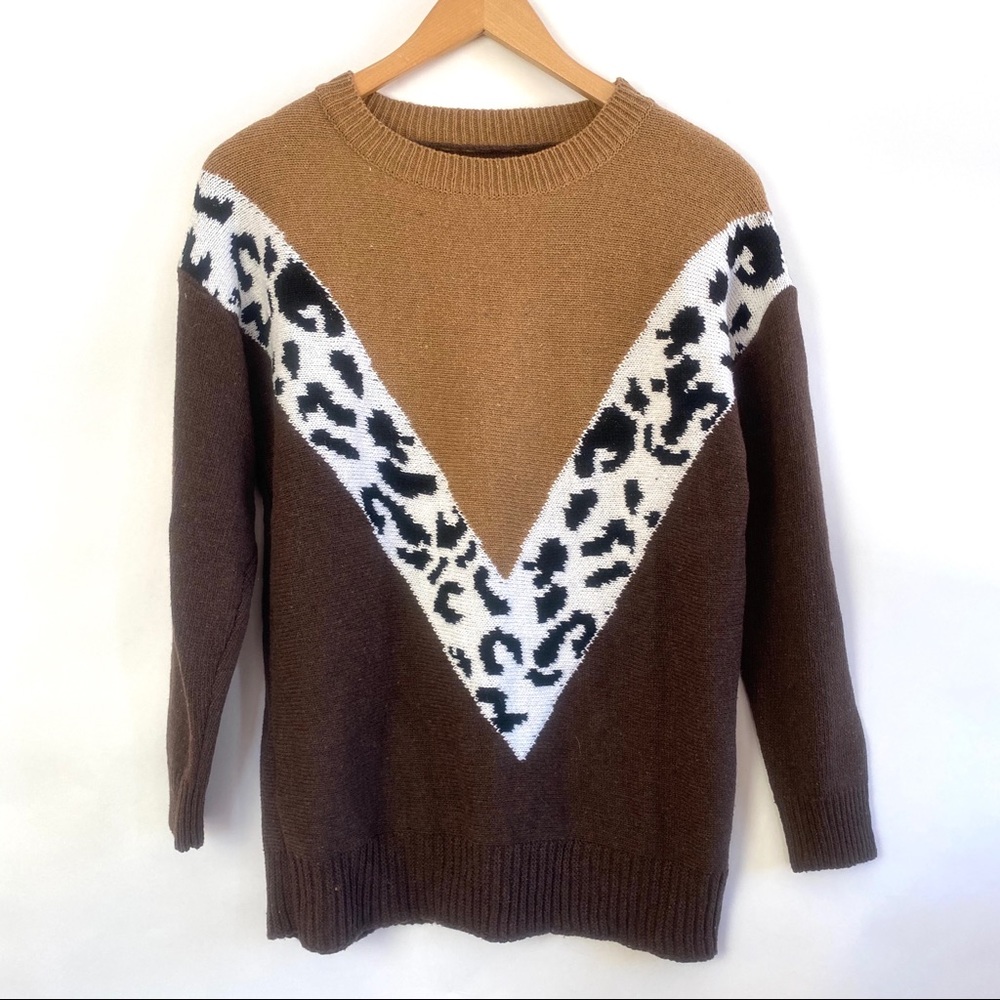 Layered Brown Cheetah Print Black White Sweater